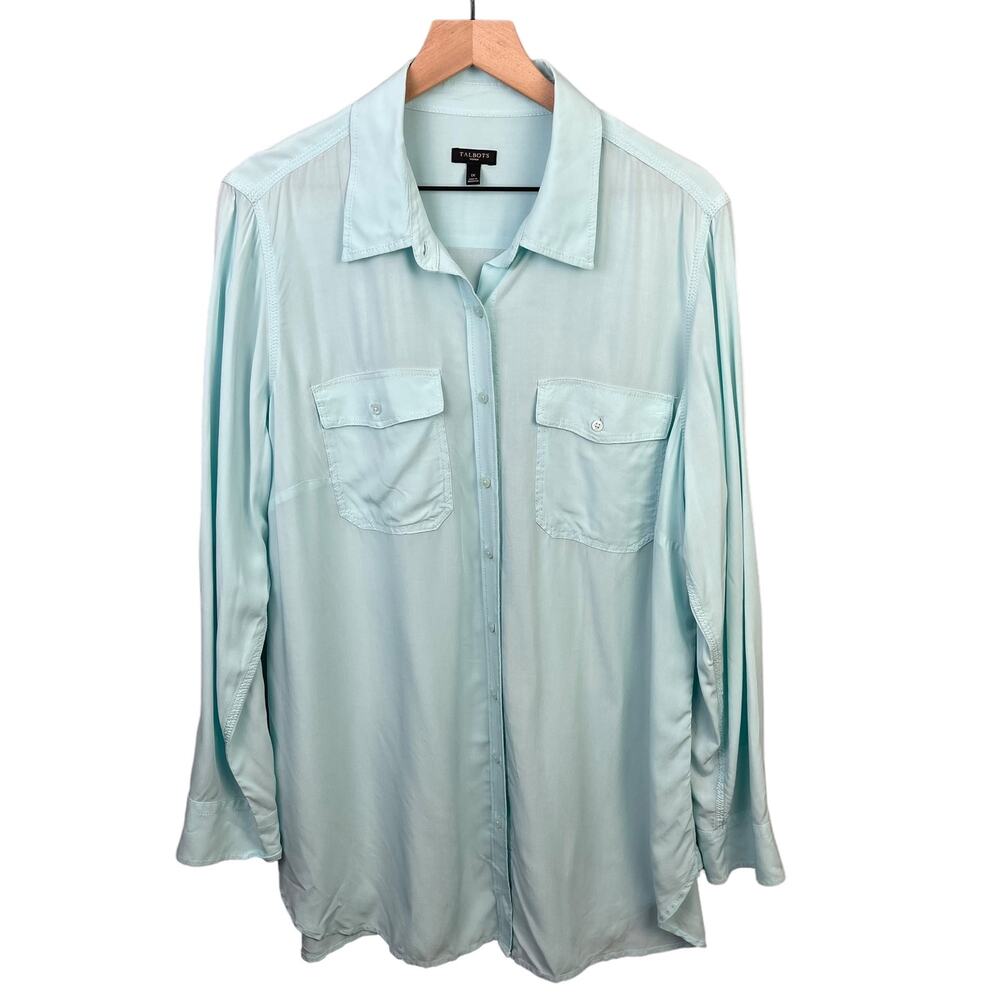 Talbots‎ Button-Up Blouse Women XL Sheer Lightweight Top Light Blue Long Length